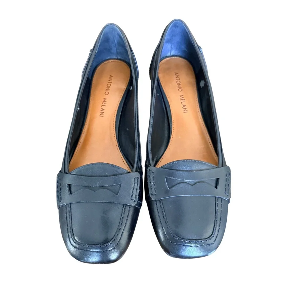 Antonio Melani Womens Black Leather Square Toe Penny Loafers Size 6.5M‎